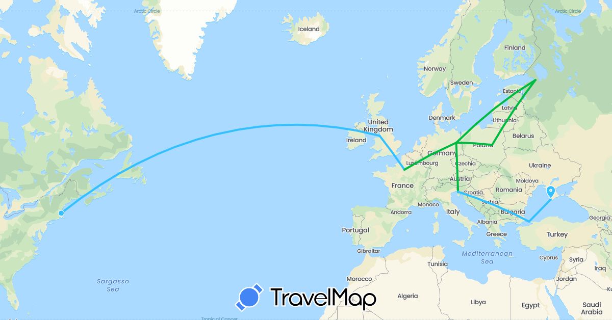 TravelMap itinerary: driving, bus, boat in Germany, France, United Kingdom, Italy, Poland, Russia, Turkey, Ukraine, United States (Asia, Europe, North America)